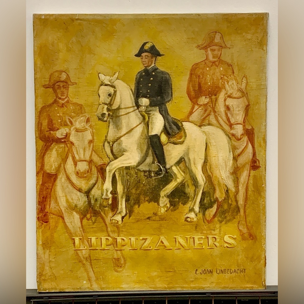 Vintage Oil on Canvas Soldier Mounted Lippizaners Horse Painting